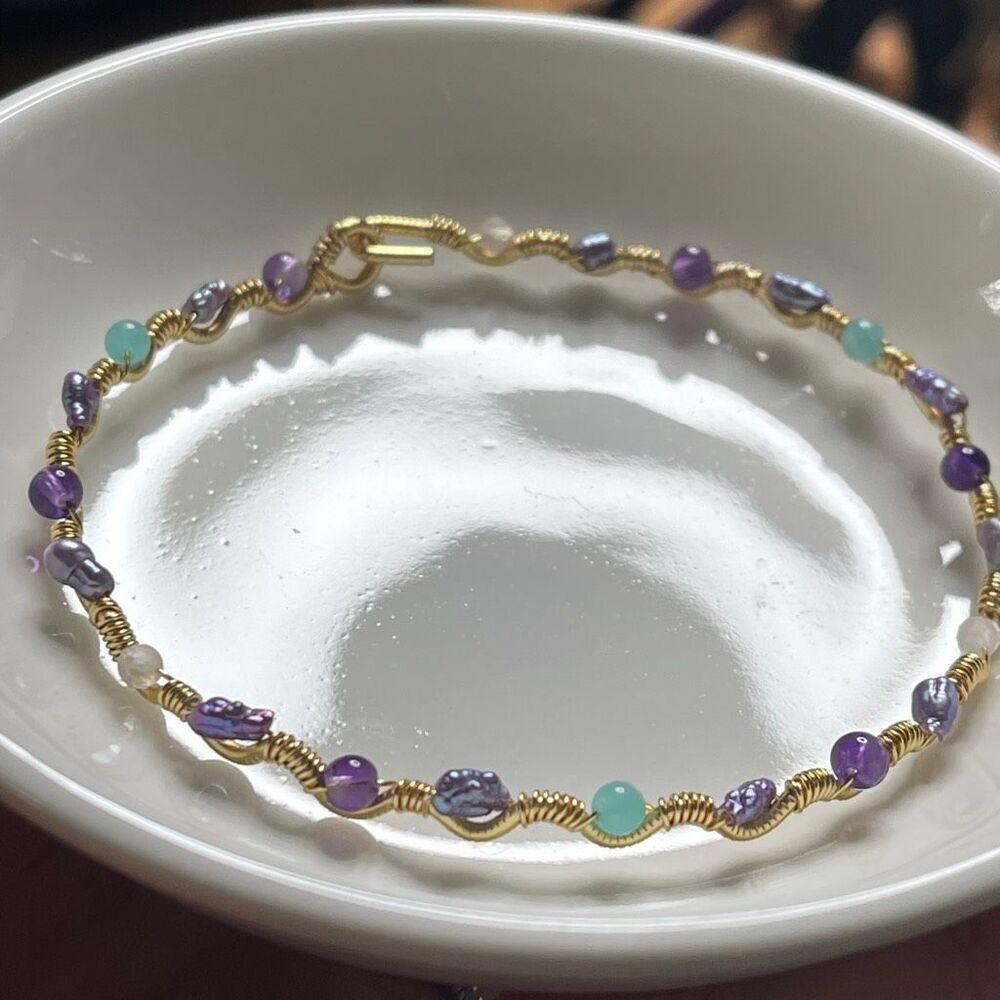 Mermaid bangle bracelet 8” gold copper core lavender dyed pearl amethyst rose qu